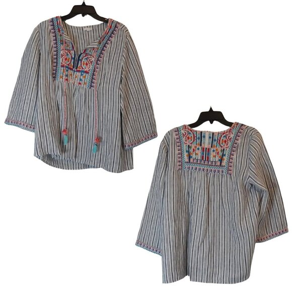 J. Jill, Love Linen, 100% Linen Embroidered Tassel Striped Boho Top, White, Blue - Picture 6 of 9